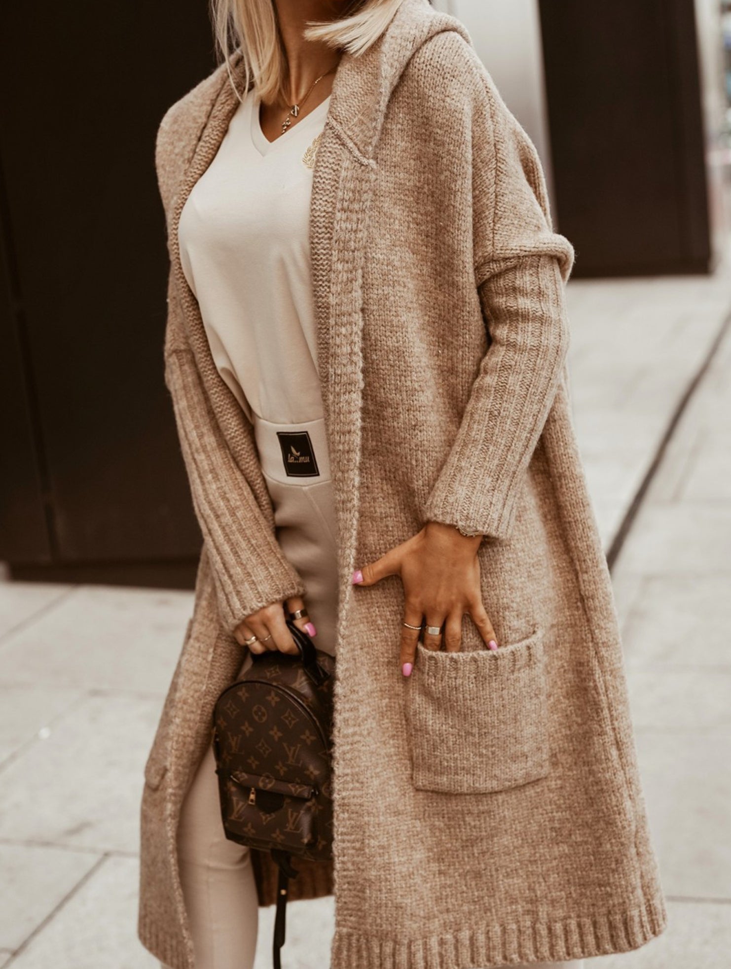 Collared hooded loose knit cardigan