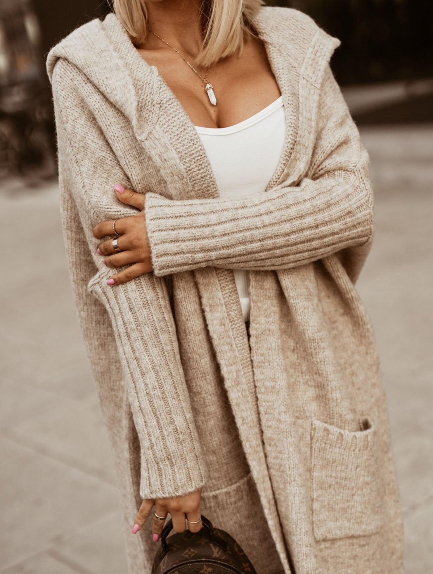 Collared hooded loose knit cardigan