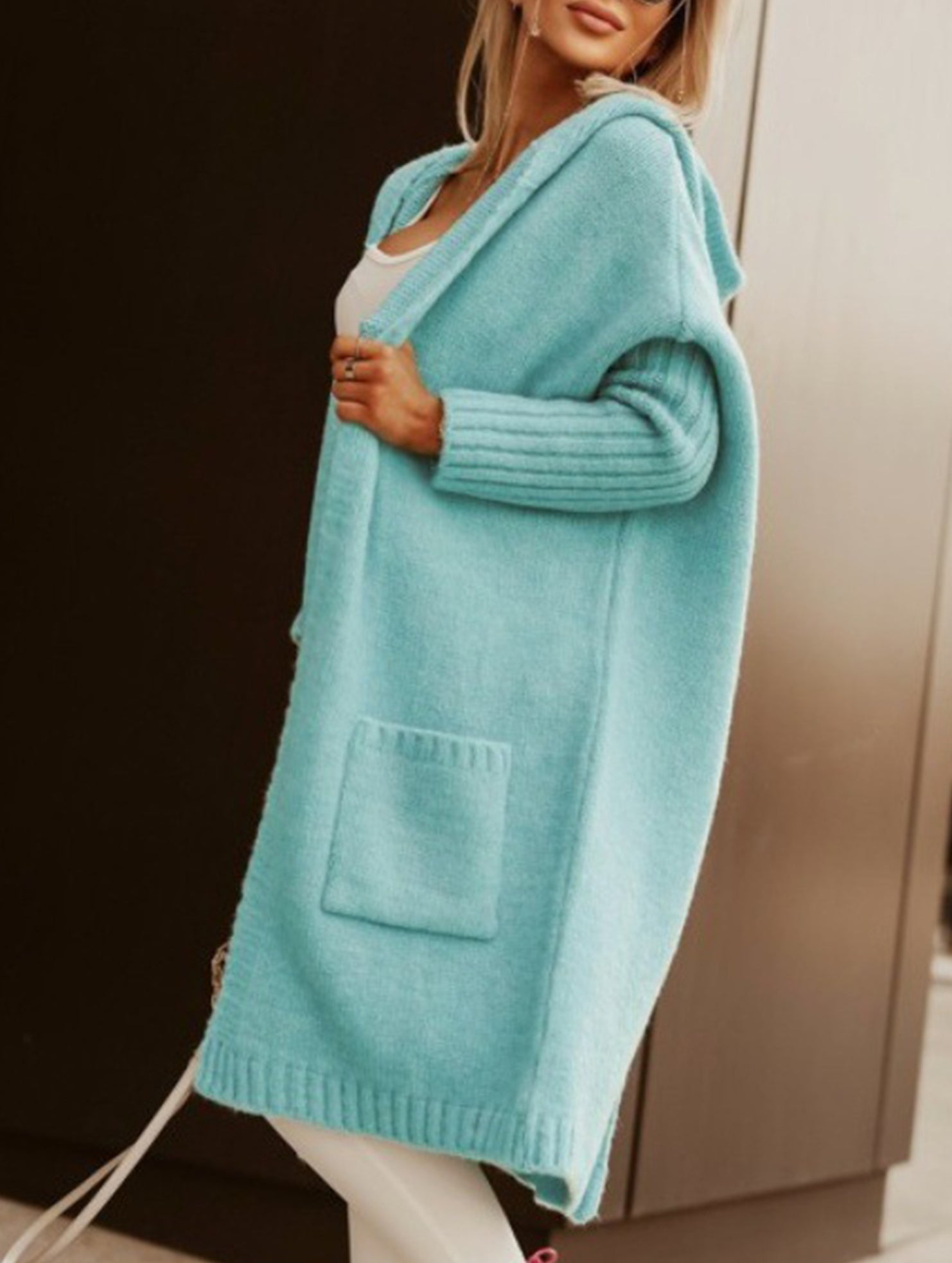 Collared hooded loose knit cardigan