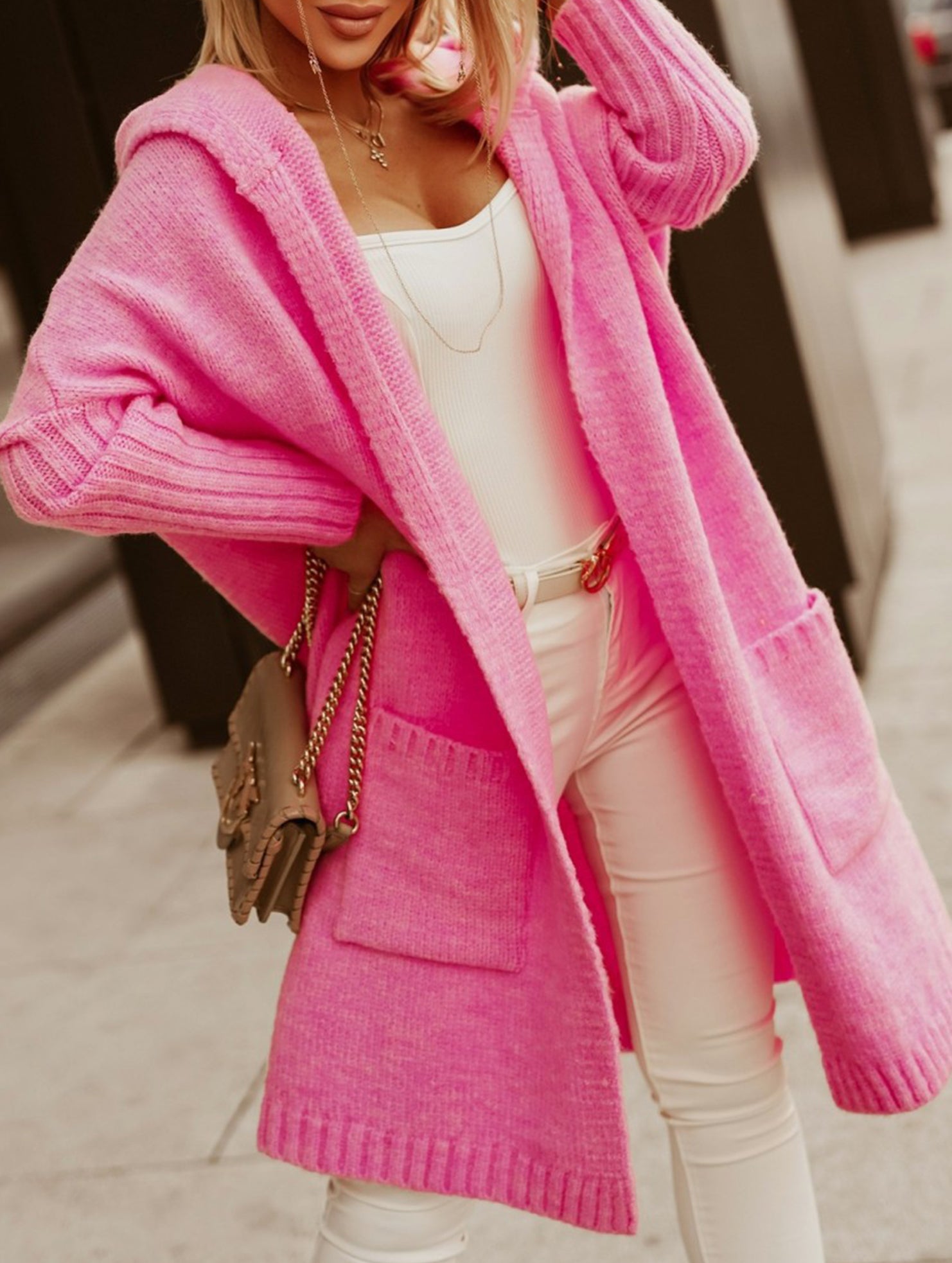 Collared hooded loose knit cardigan