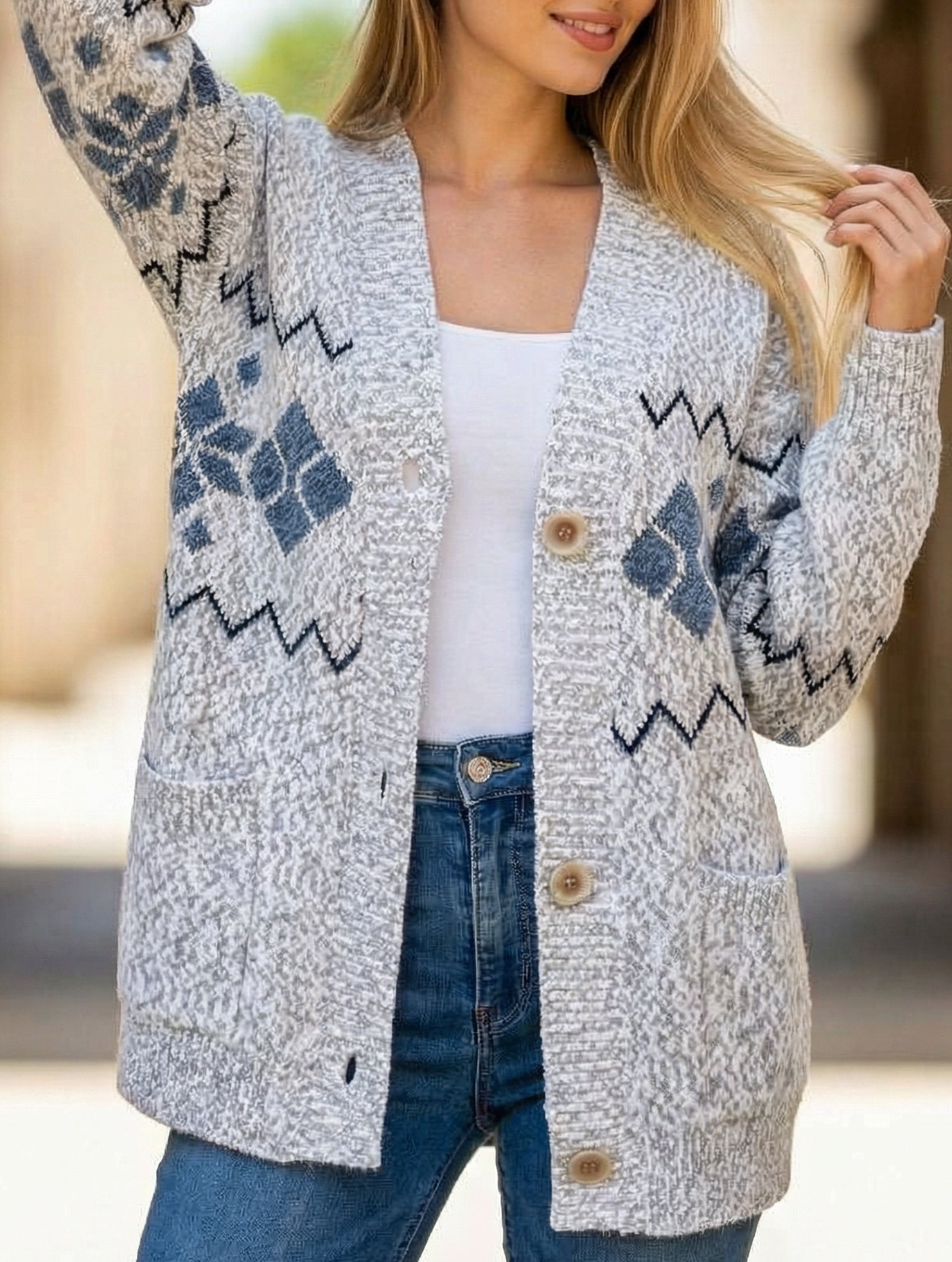V-neck snowflake jacquard knit sweater