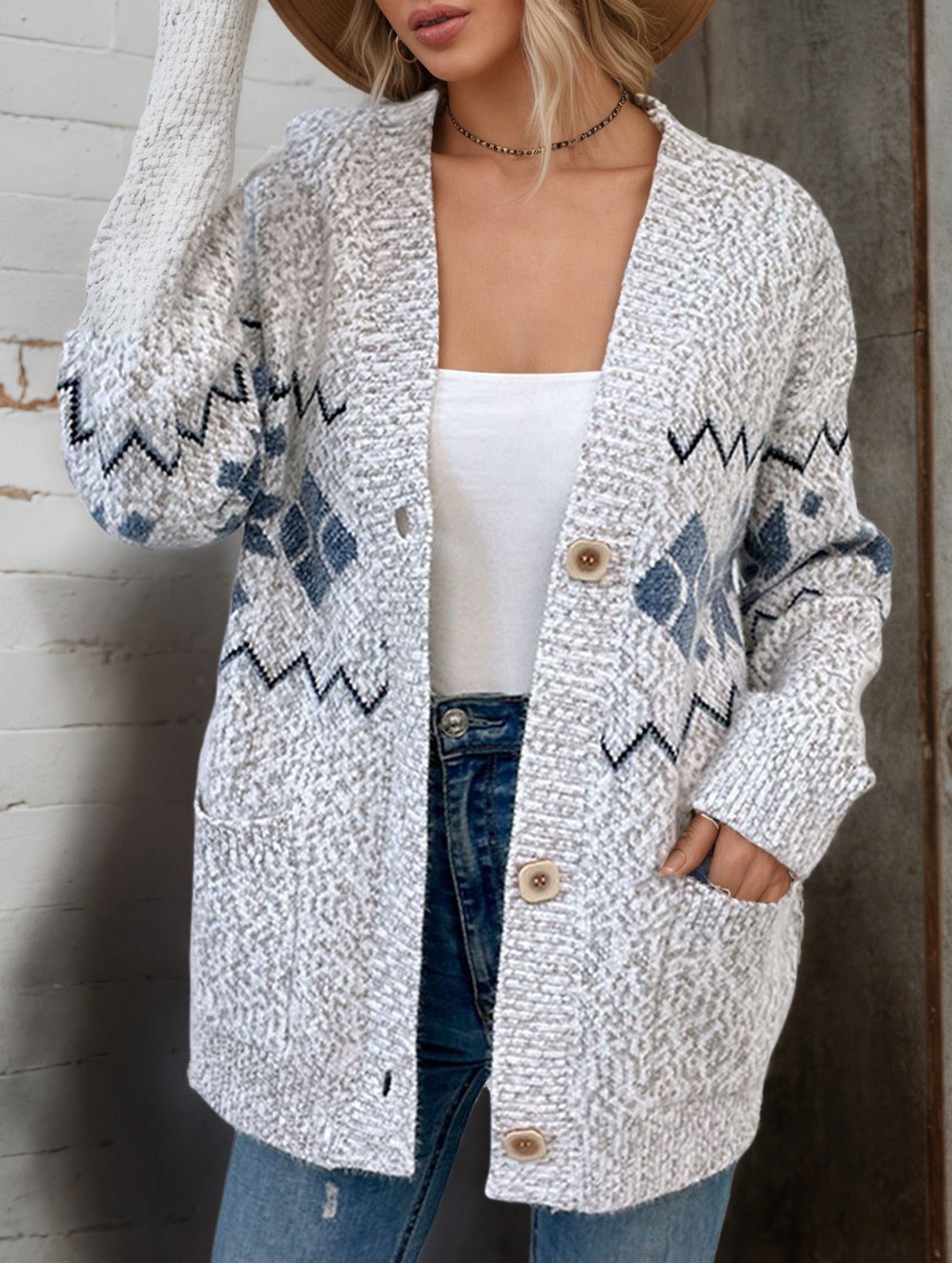 V-neck snowflake jacquard knit sweater