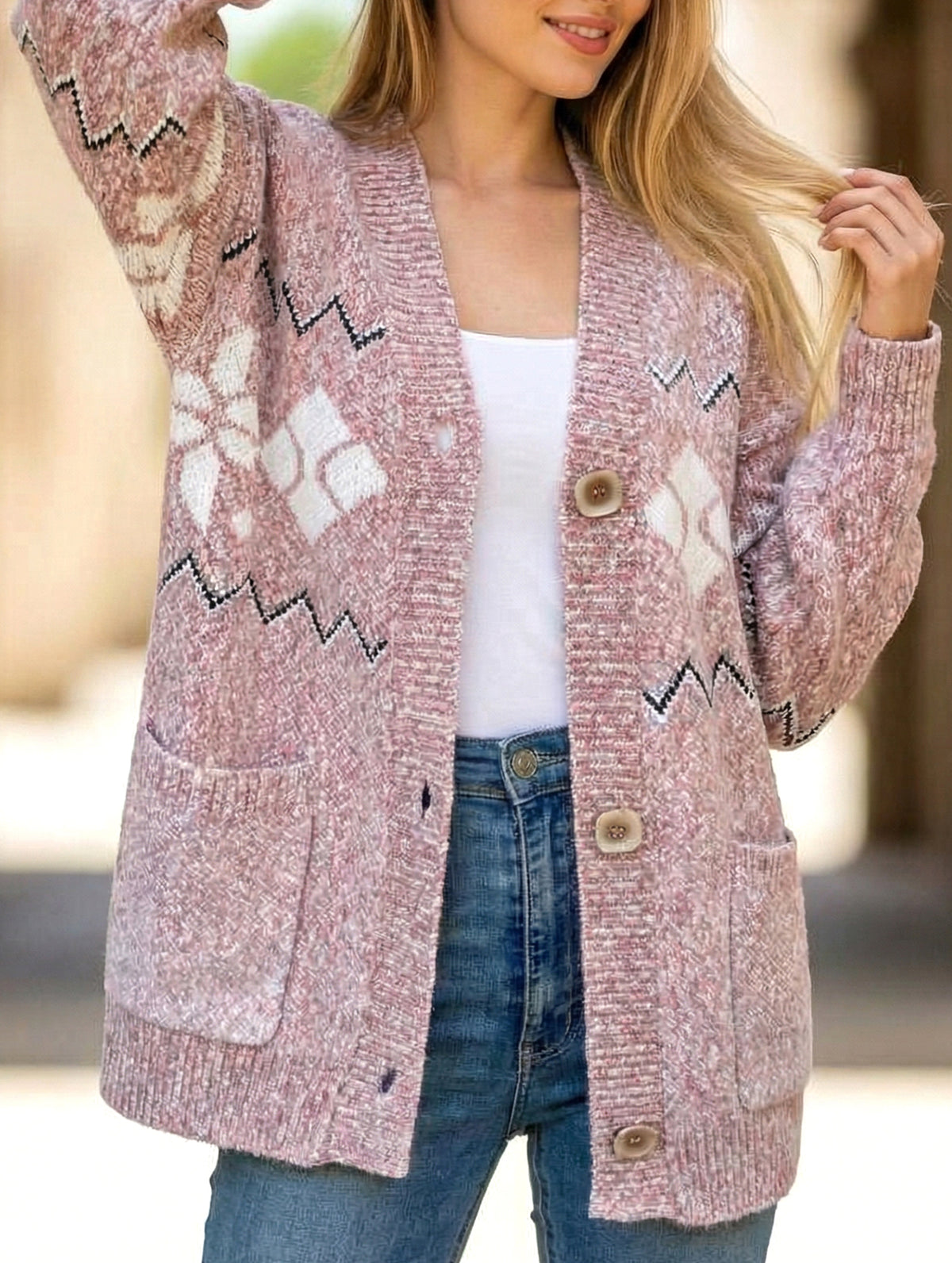 V-neck snowflake jacquard knit sweater