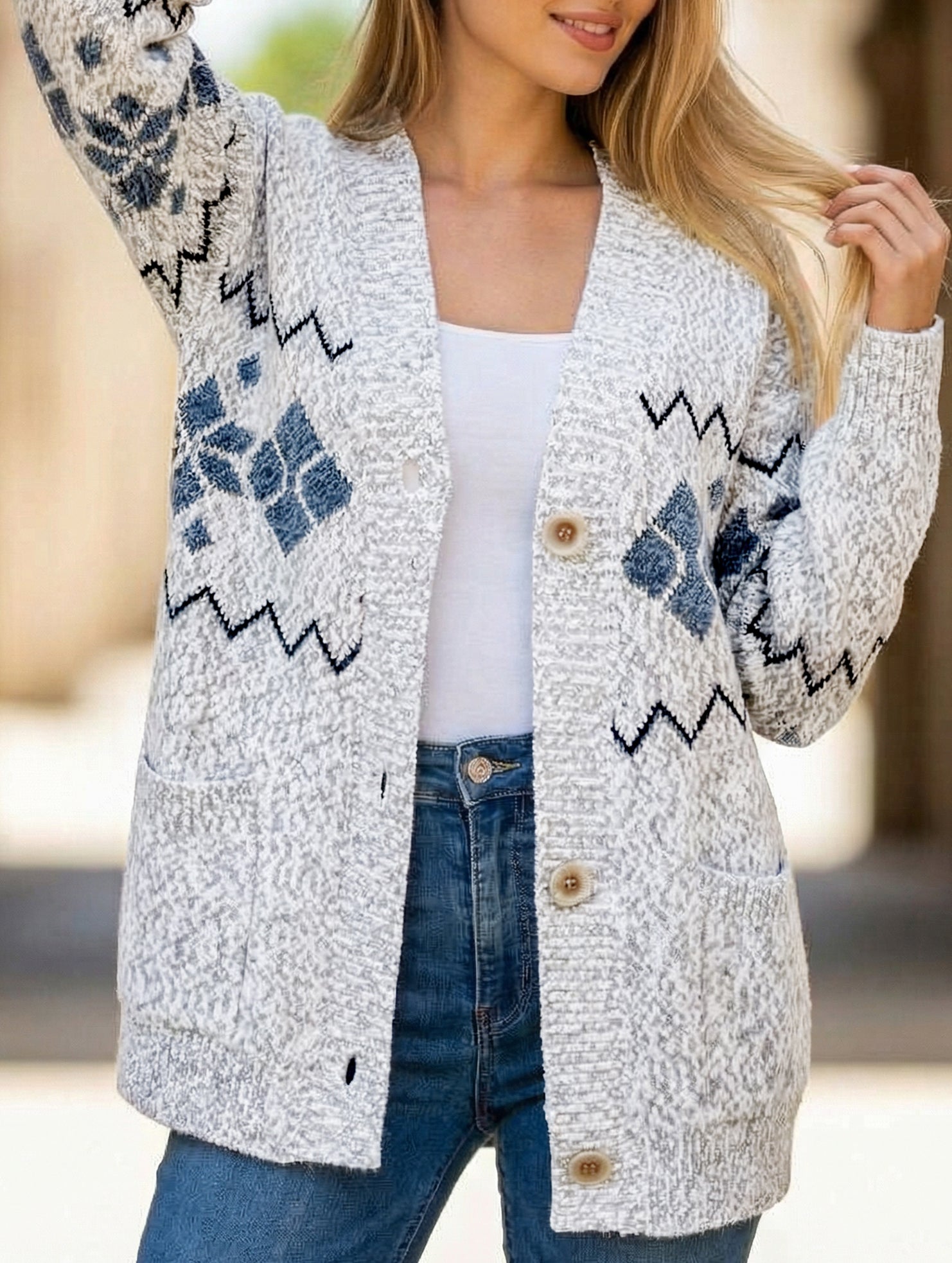 V-neck snowflake jacquard knit sweater