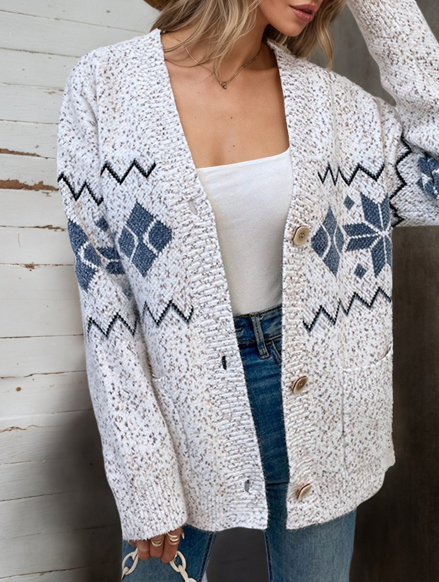 V-neck snowflake jacquard knit sweater