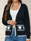 White-trimmed heart-patterned V-neck cardigan