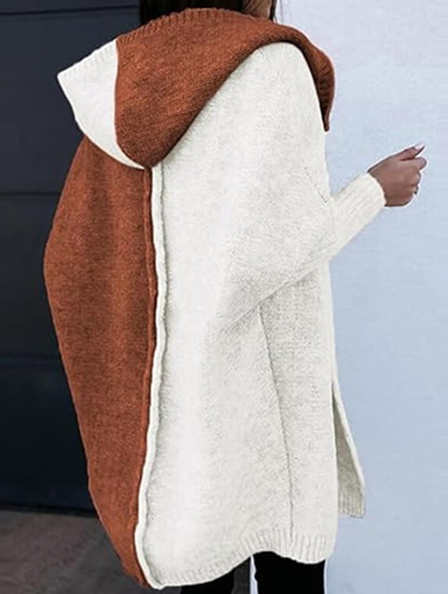 Versatile hooded color-blocked loose-fitting cardigan