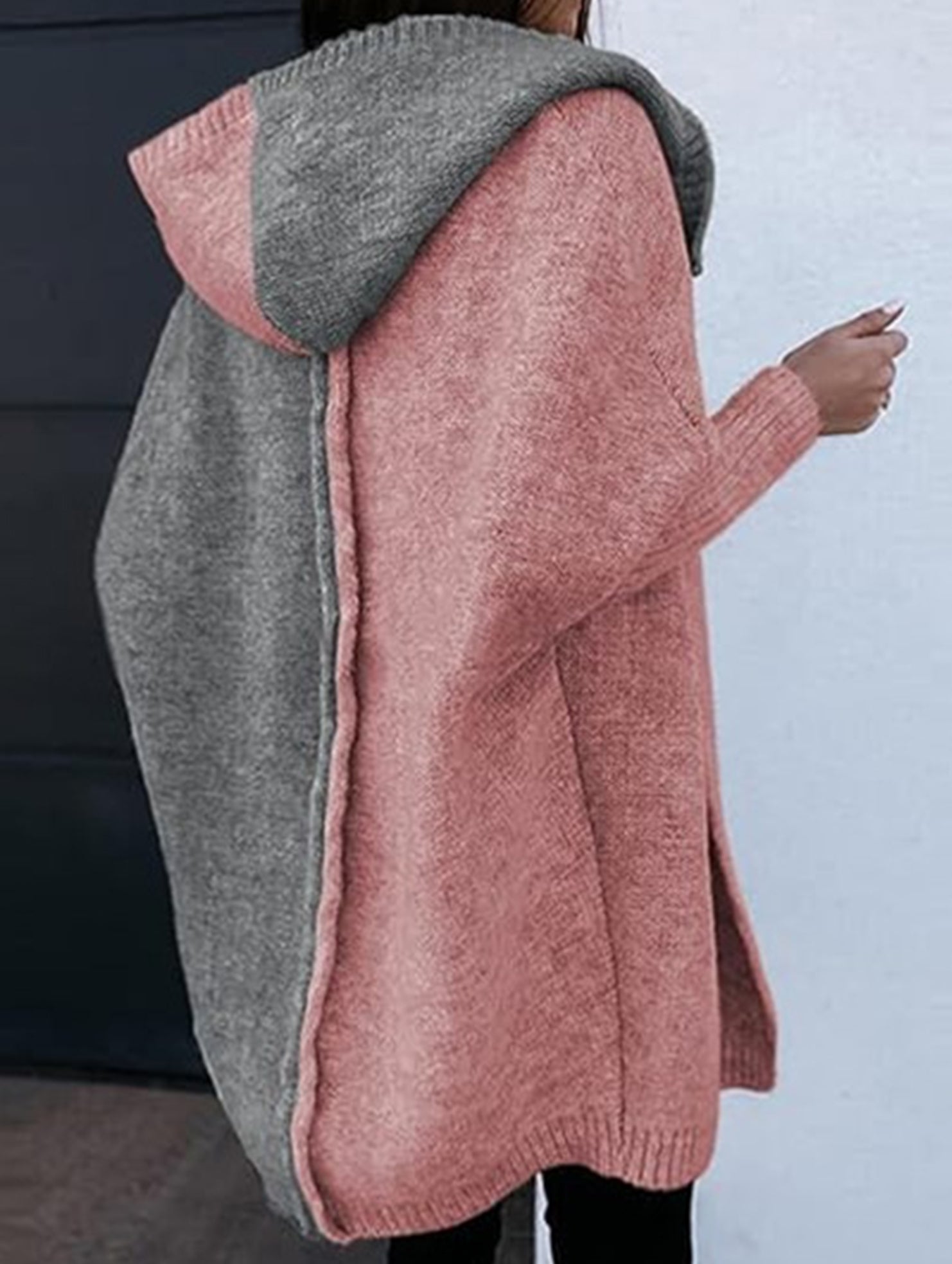 Versatile hooded color-blocked loose-fitting cardigan