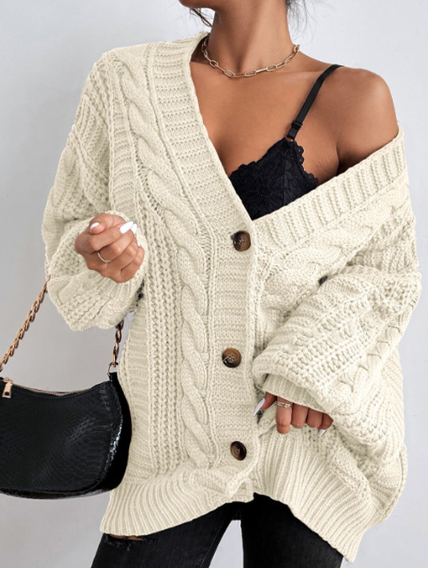 Retro loose cable knit lantern sleeve cardigan