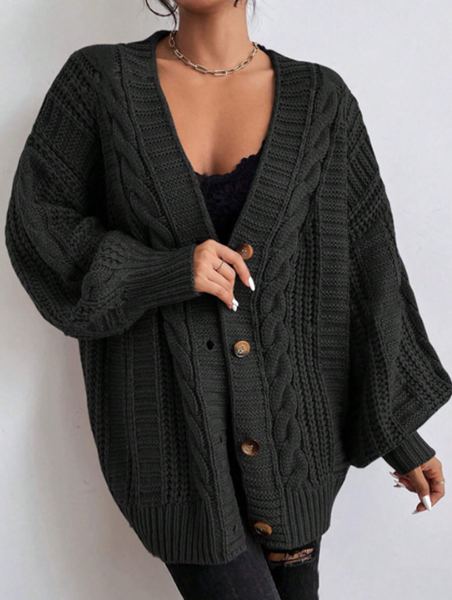 Retro loose cable knit lantern sleeve cardigan