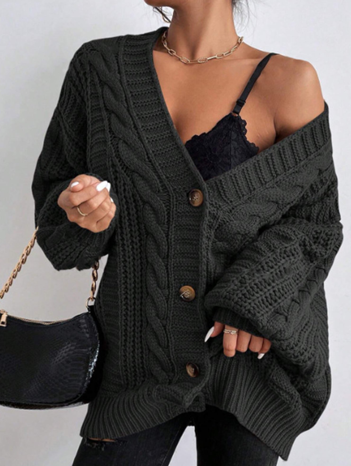 Retro loose cable knit lantern sleeve cardigan