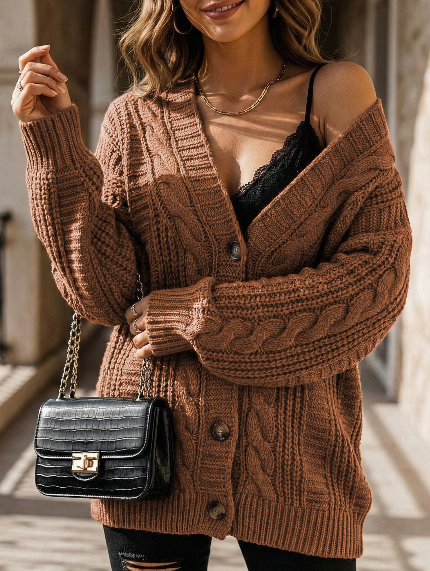 Retro loose cable knit lantern sleeve cardigan