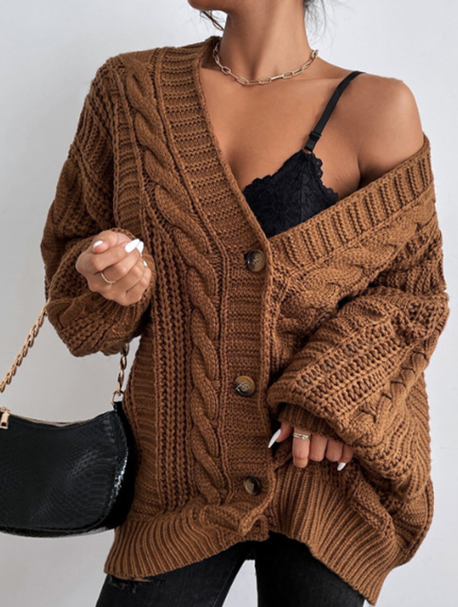 Retro loose cable knit lantern sleeve cardigan