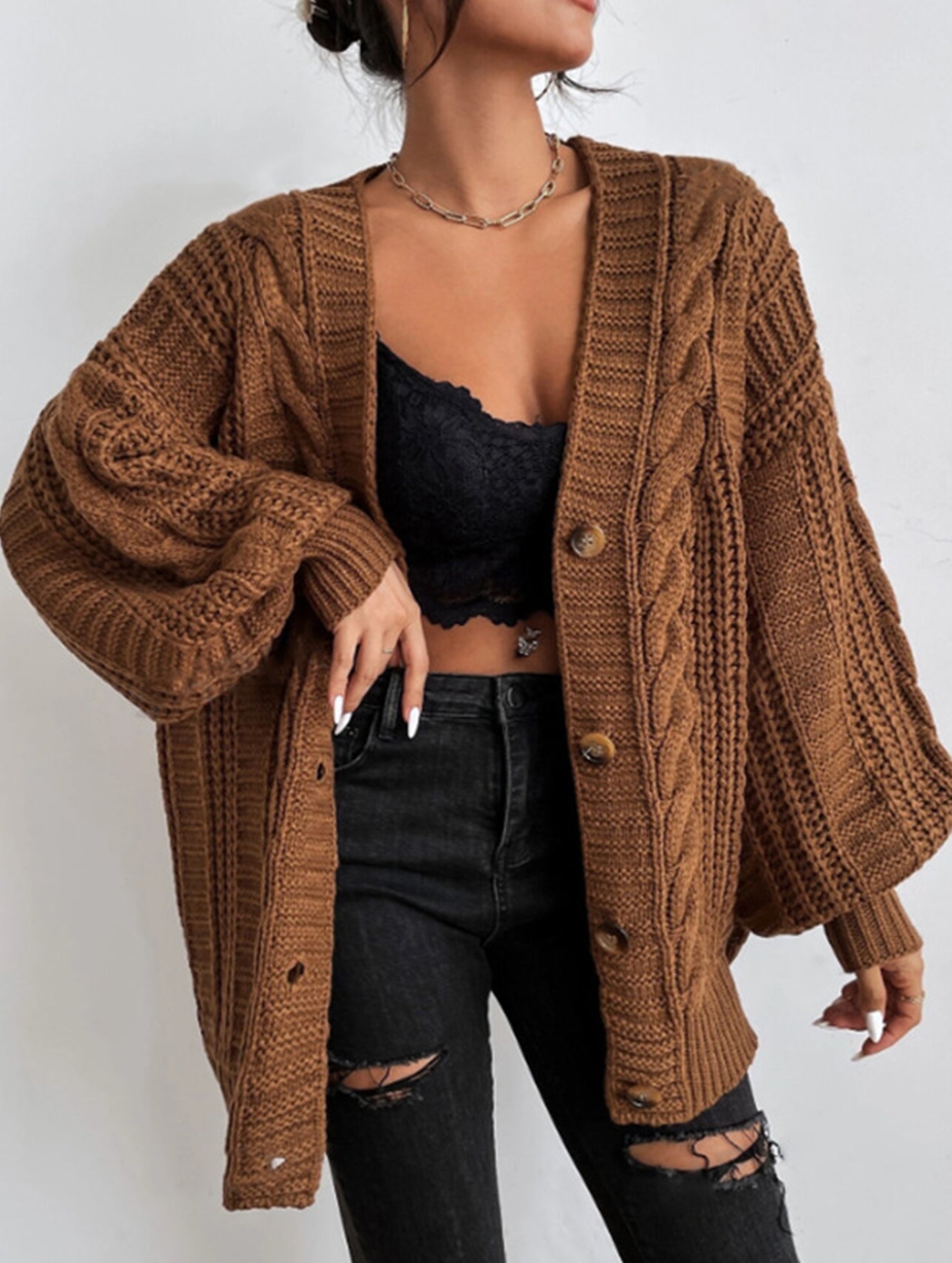 Retro loose cable knit lantern sleeve cardigan