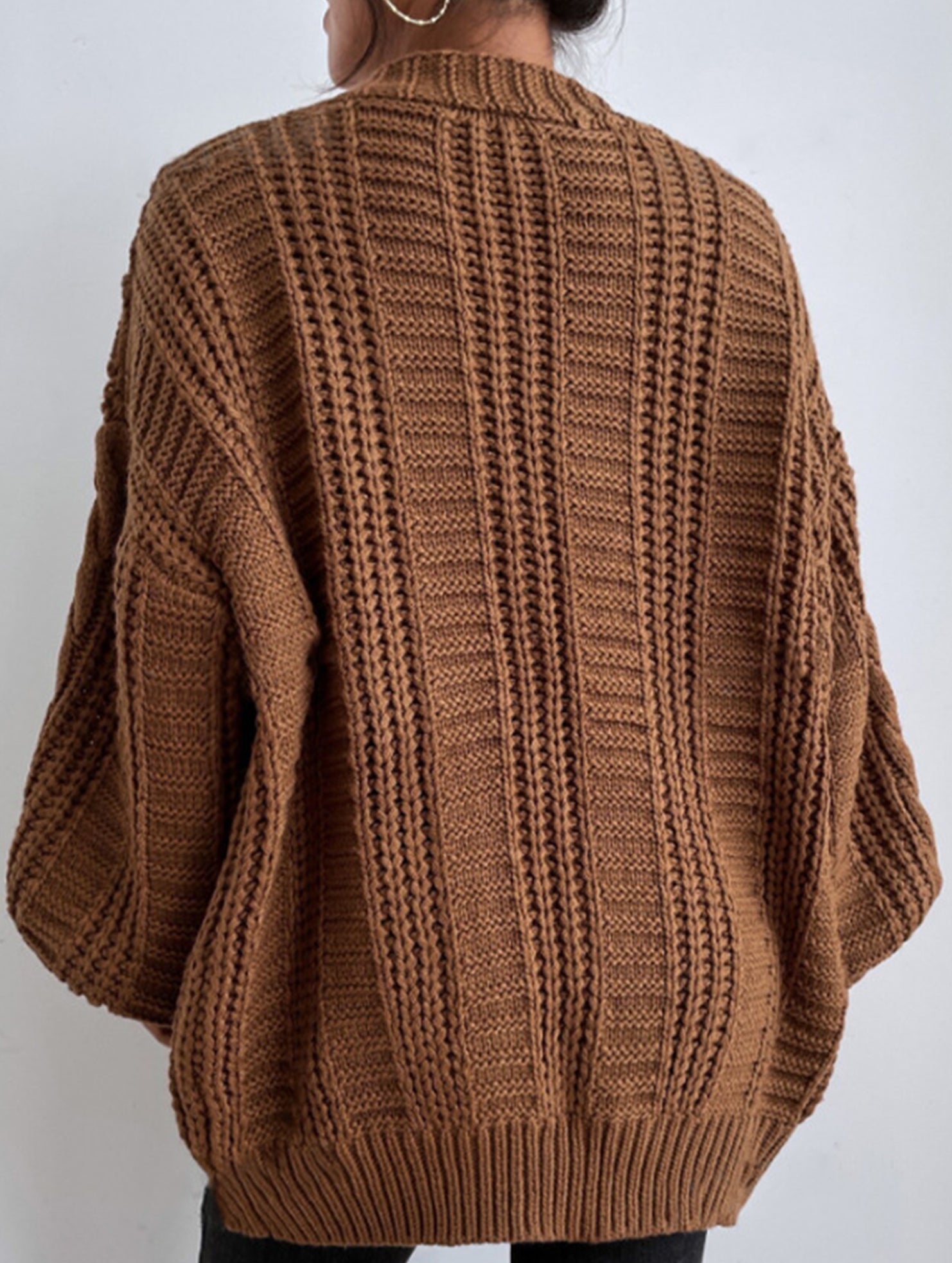 Retro loose cable knit lantern sleeve cardigan