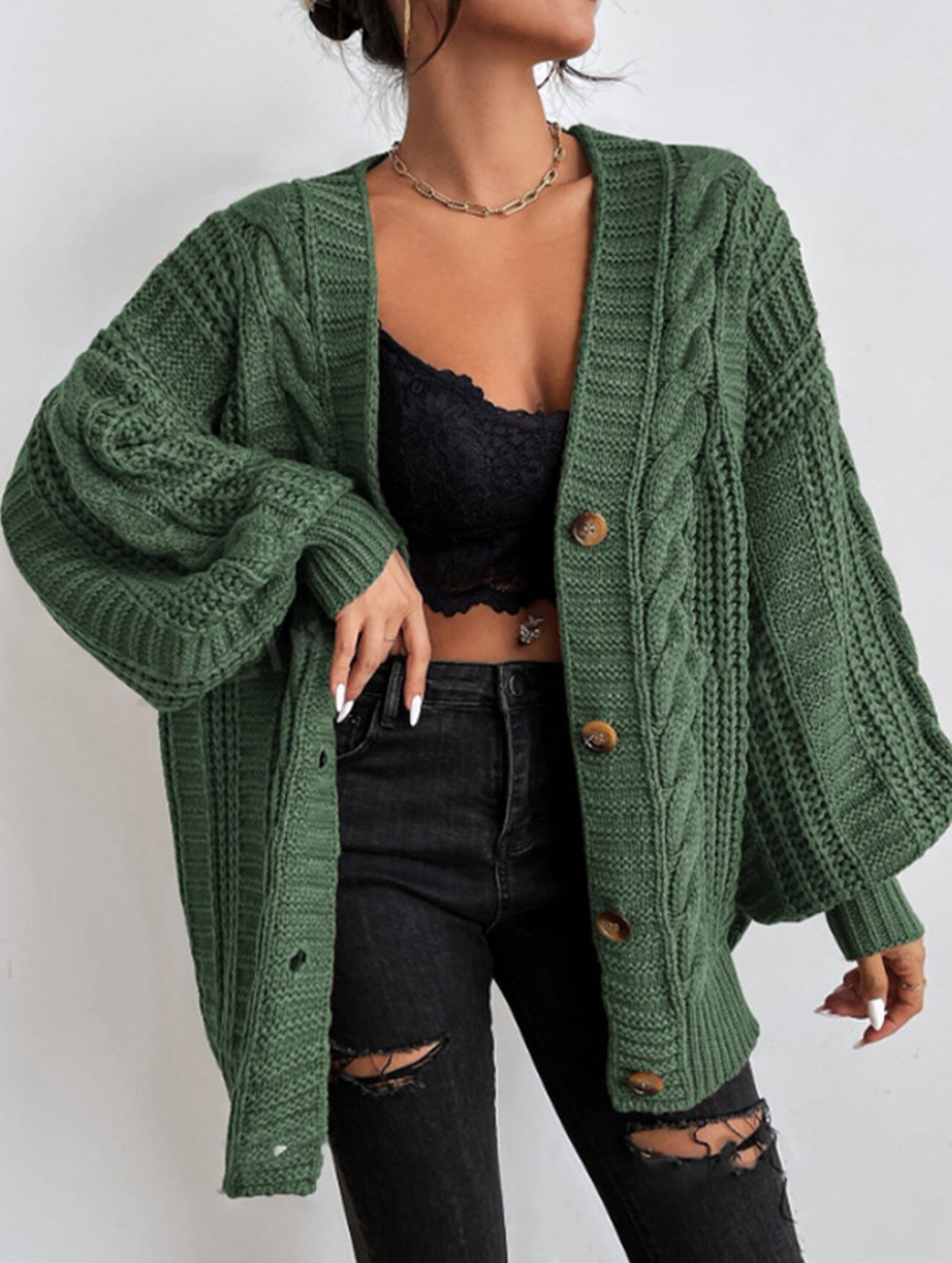 Retro loose cable knit lantern sleeve cardigan