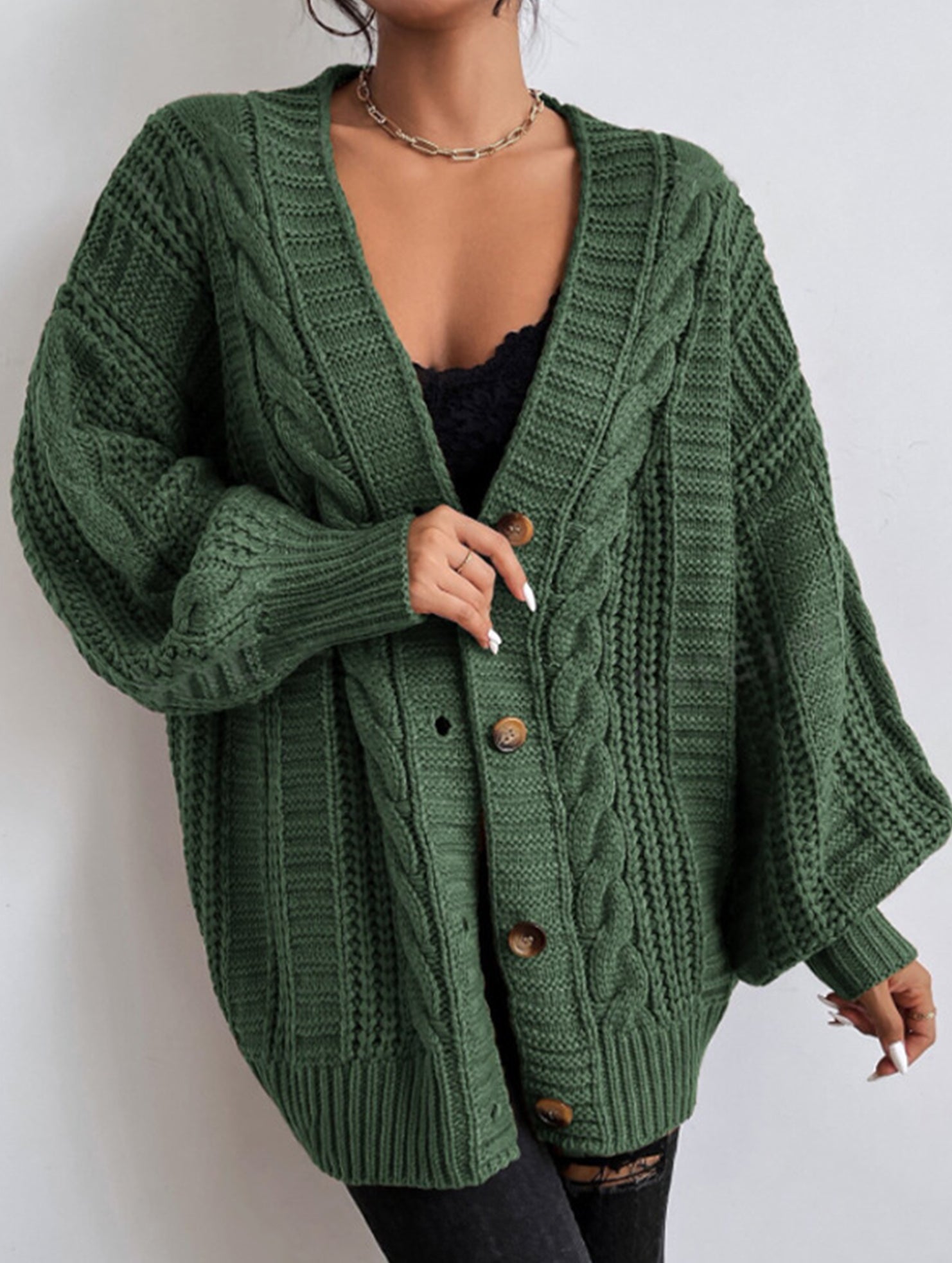 Retro loose cable knit lantern sleeve cardigan