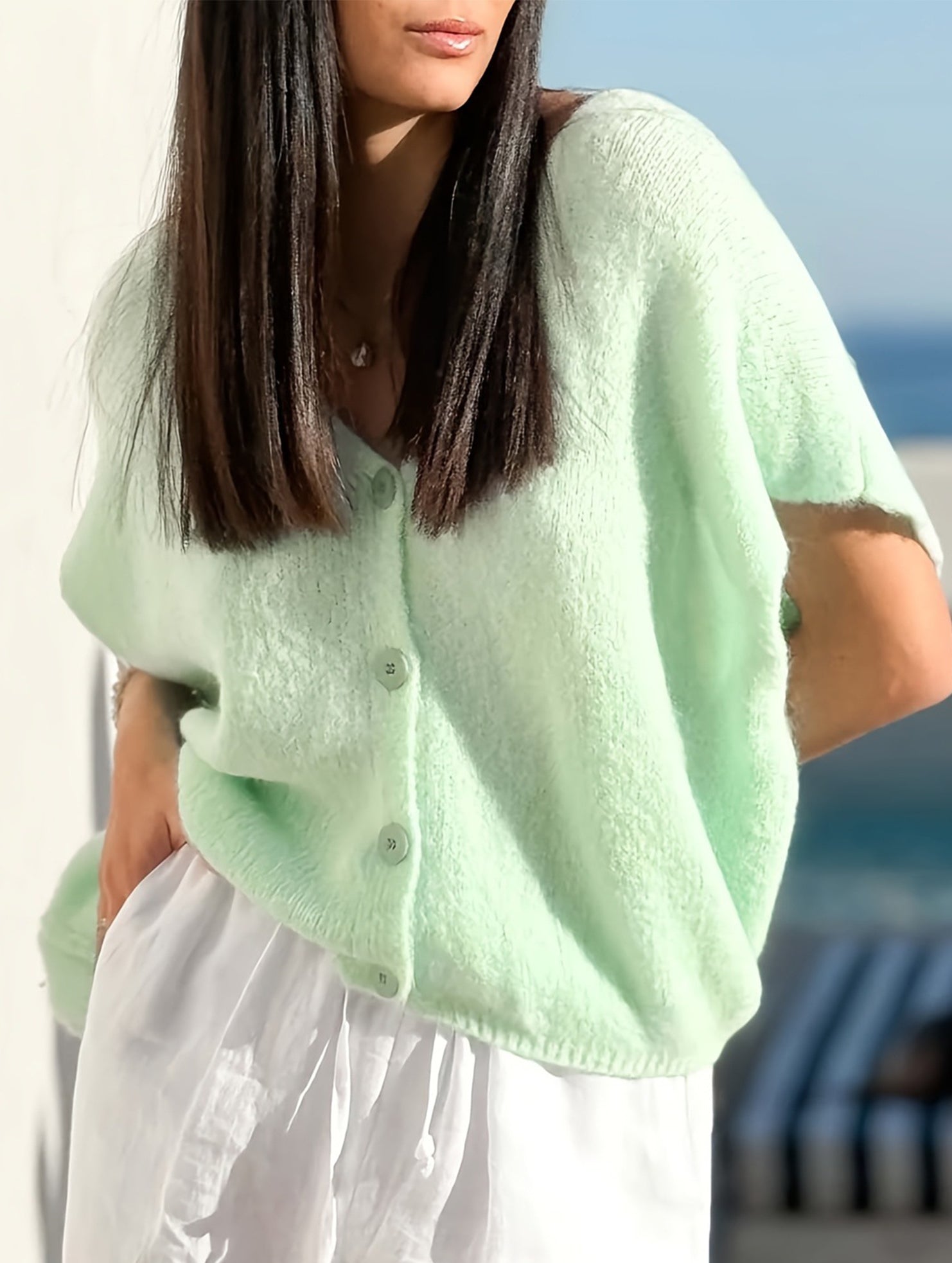 V-neck button-down loose casual knit cardigan