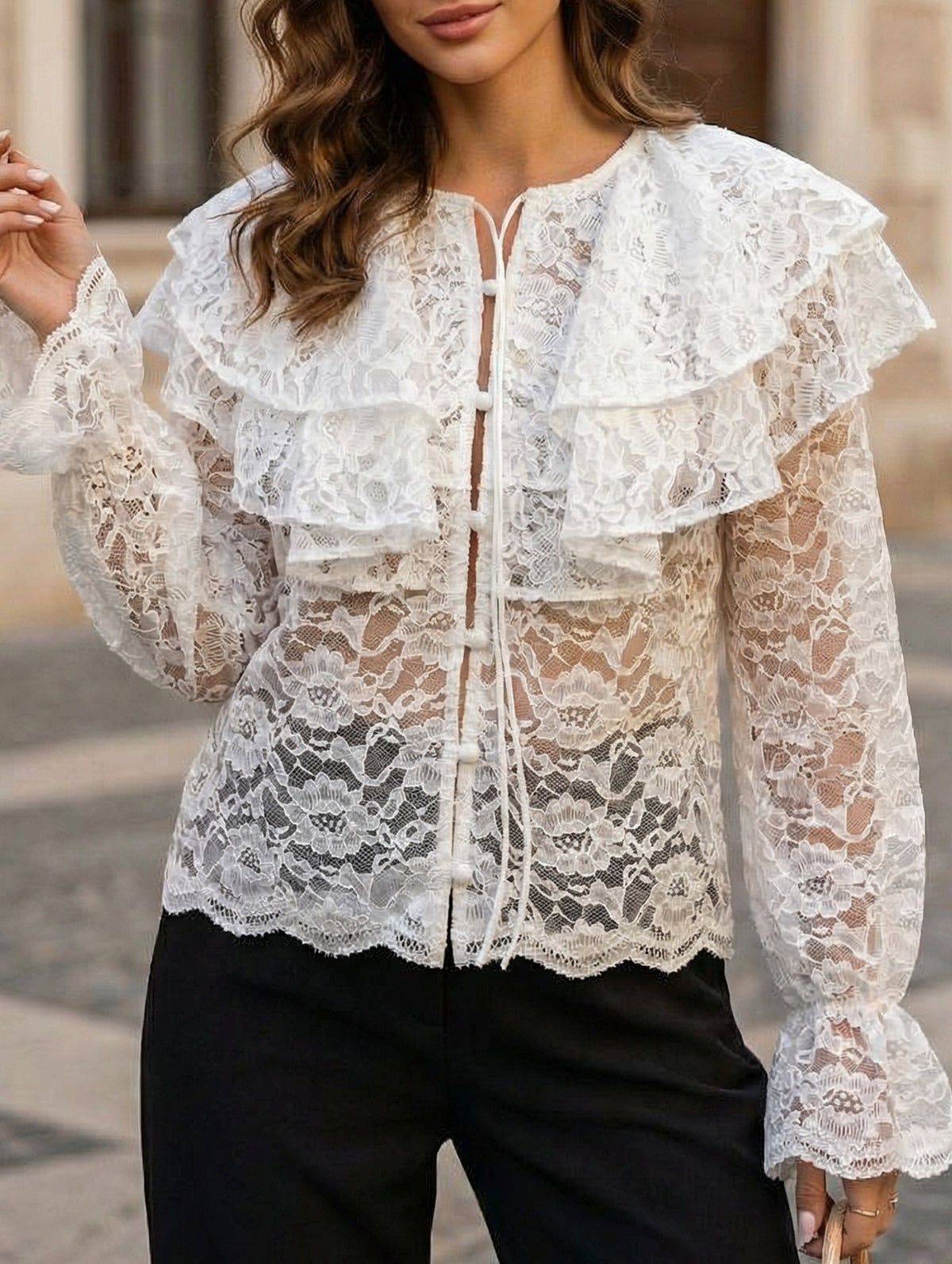 Lace sheer double-layered ruffle collar shirt