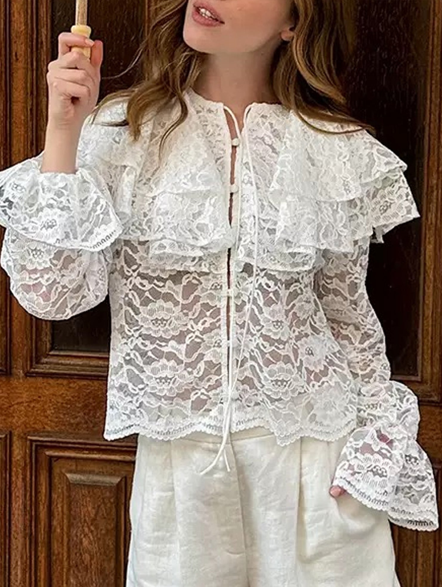 Lace sheer double-layered ruffle collar shirt
