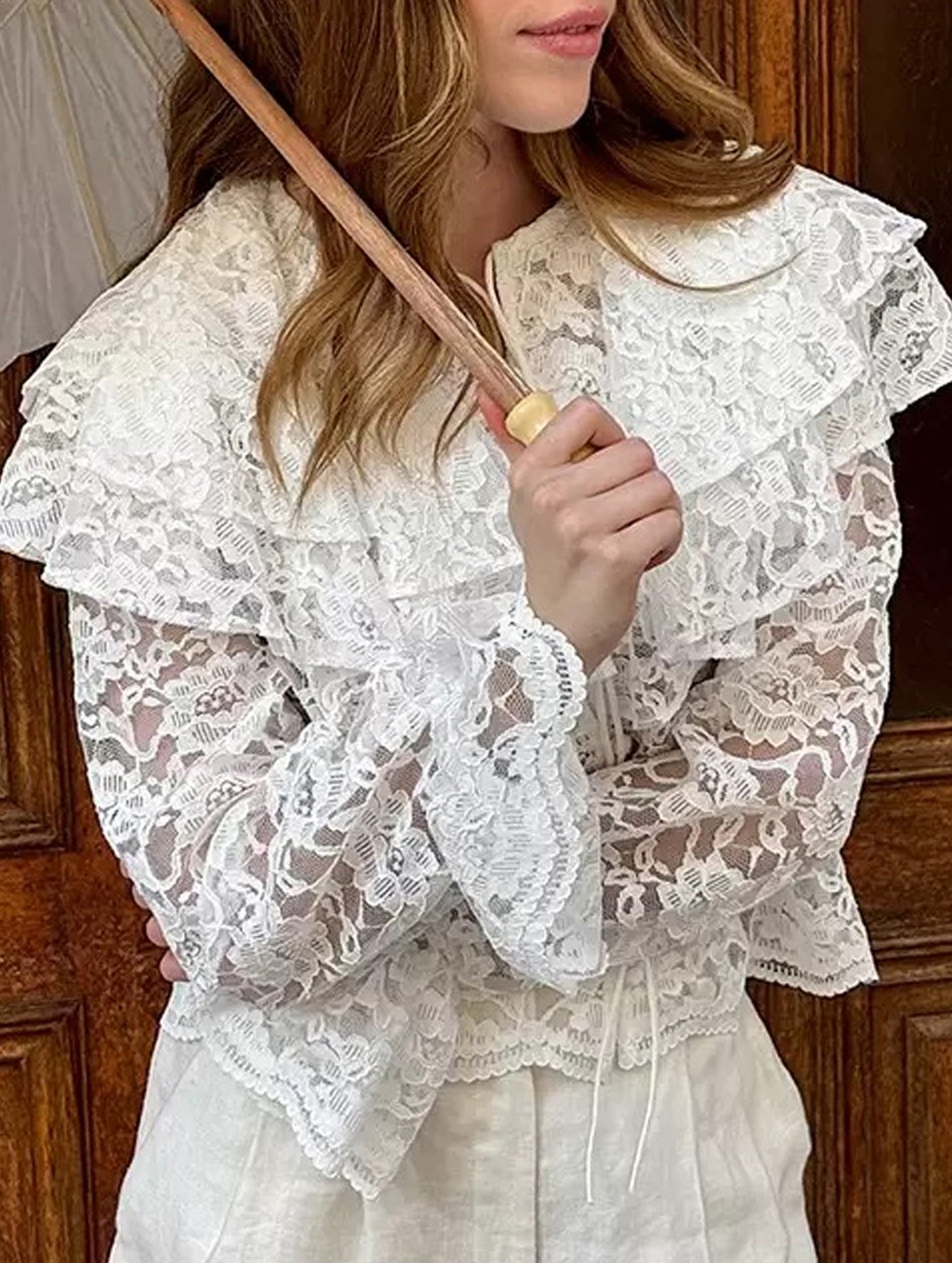 Lace sheer double-layered ruffle collar shirt