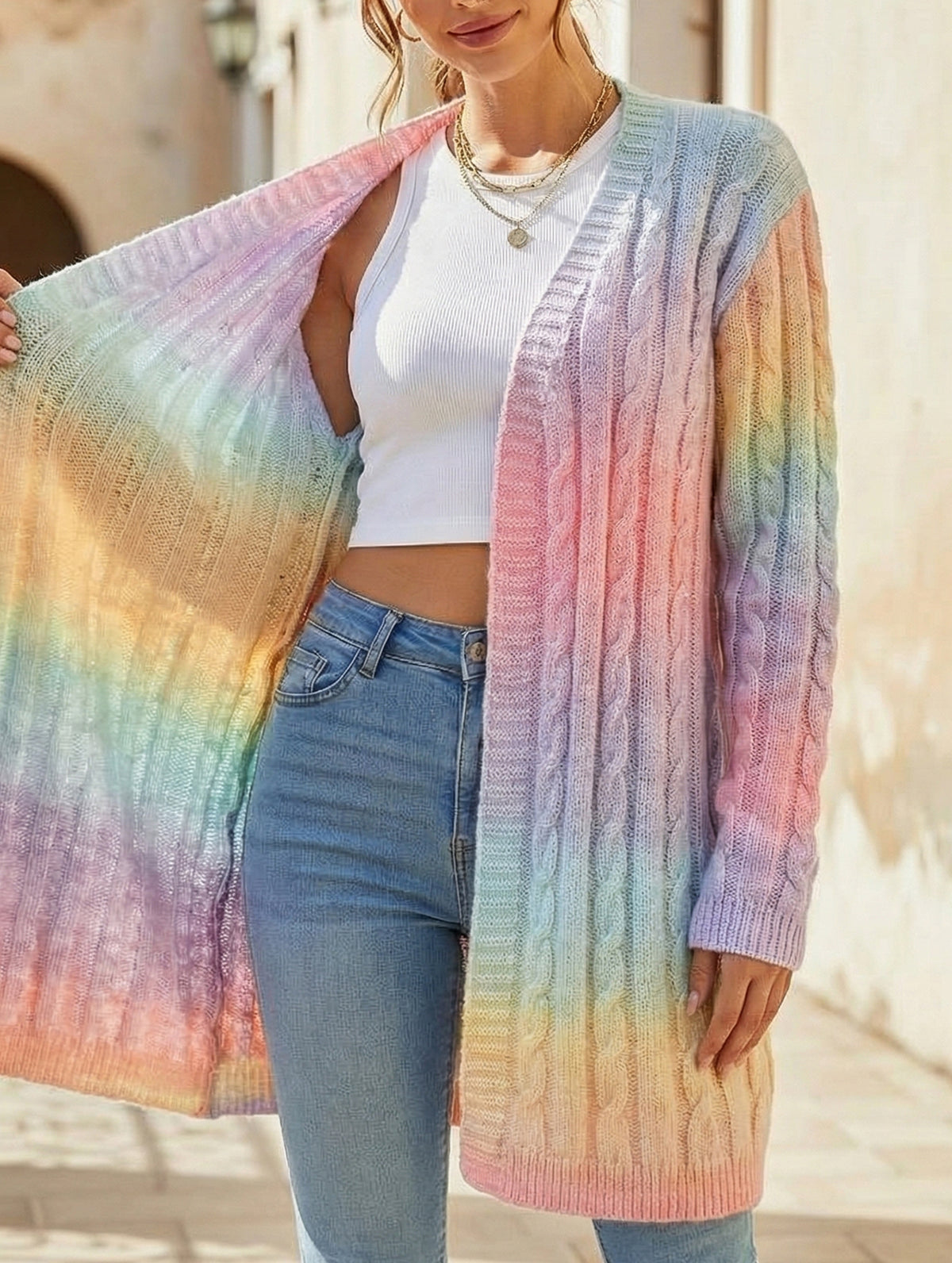 Striped gradient rainbow knit cardigan