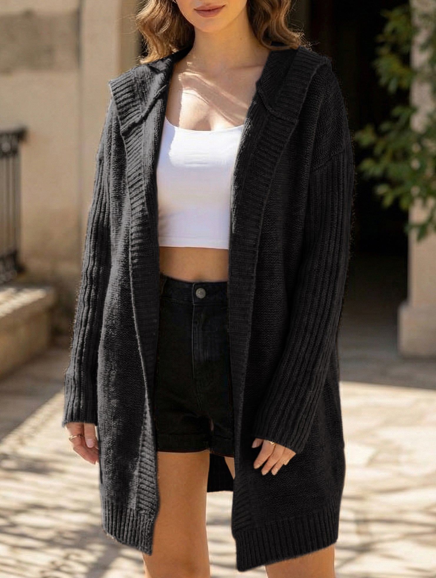 Casual mid-length loose knit hoodie