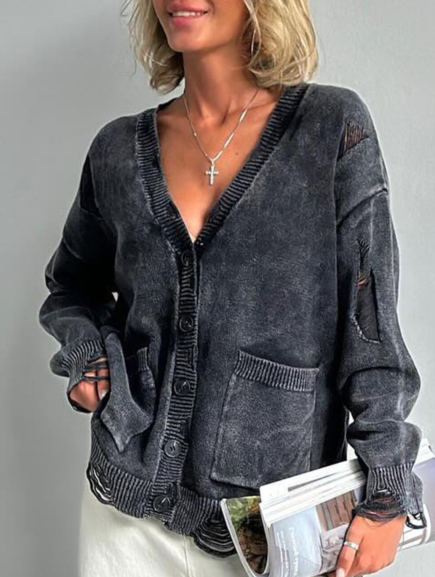 Vintage distressed washed and ripped knit cardigan