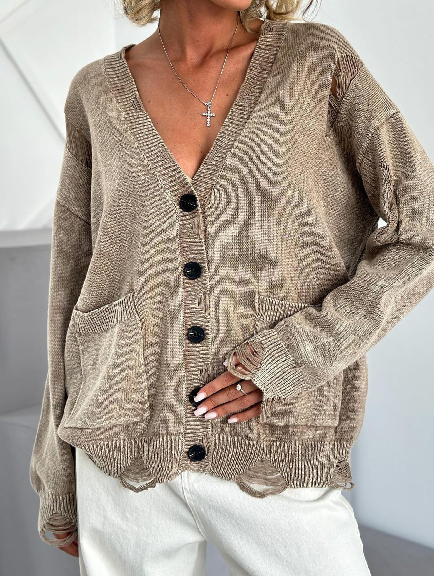 Vintage distressed washed and ripped knit cardigan