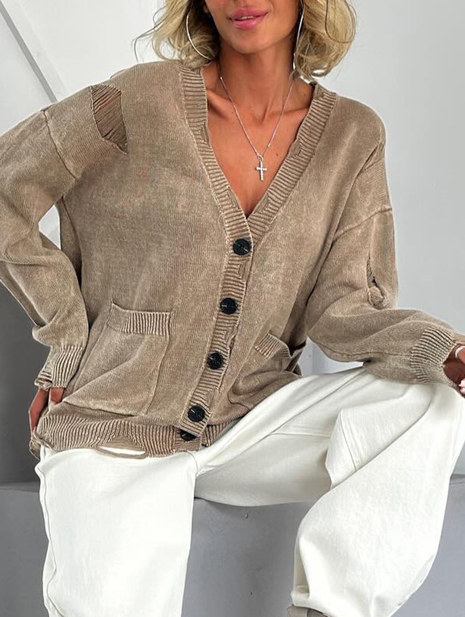 Vintage distressed washed and ripped knit cardigan