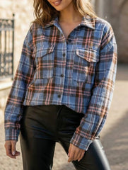 Stylish single-breasted plaid loose wool shirt for women