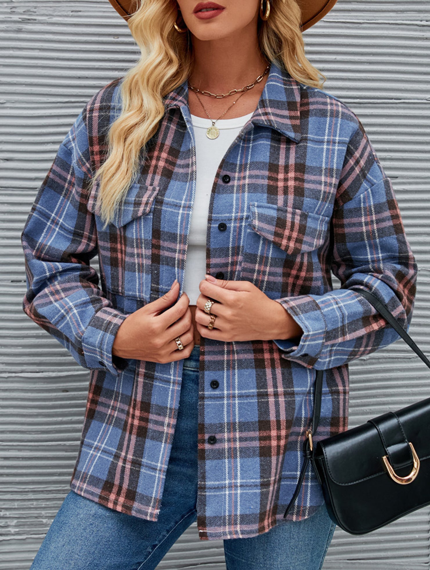 Stylish single-breasted plaid loose wool shirt for women