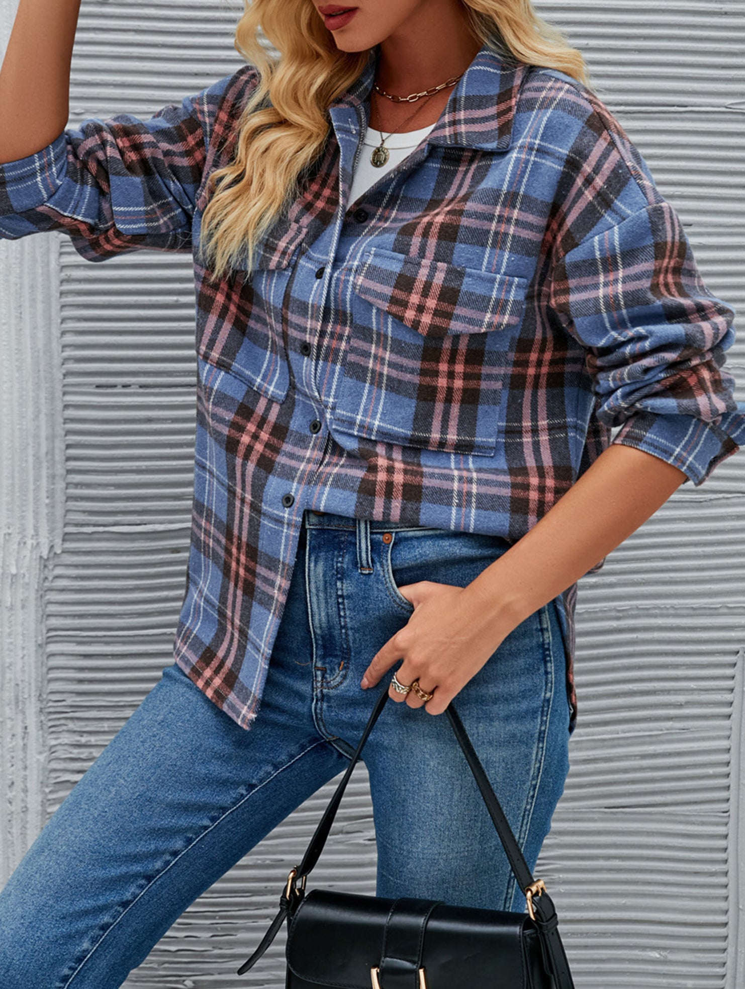 Stylish single-breasted plaid loose wool shirt for women