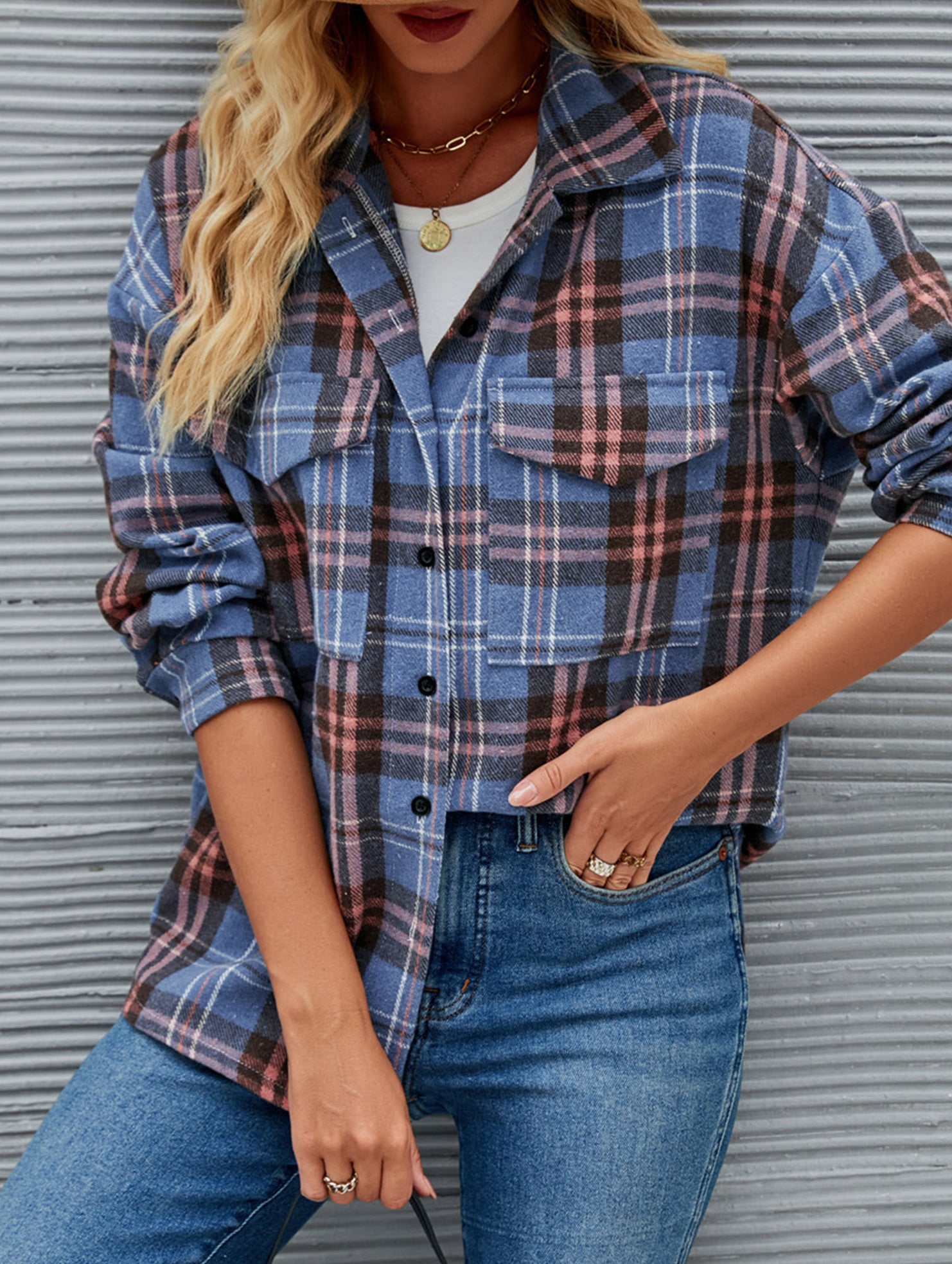 Stylish single-breasted plaid loose wool shirt for women