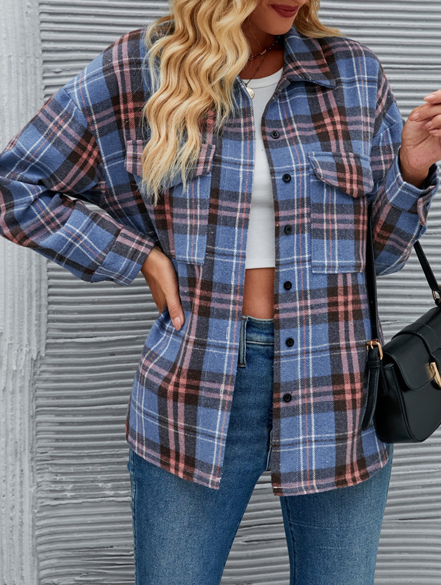 Stylish single-breasted plaid loose wool shirt for women