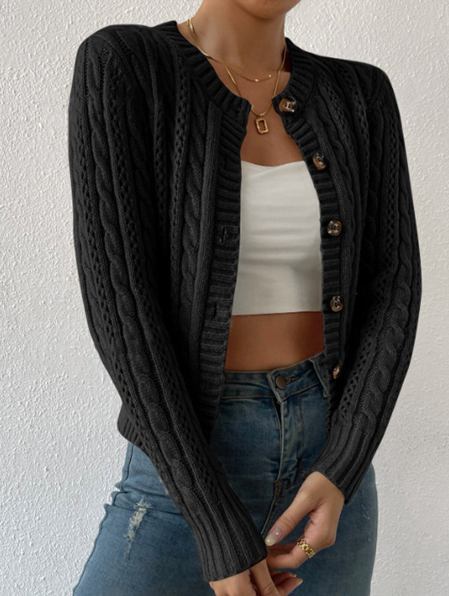 Gentle cable knit openwork cardigan