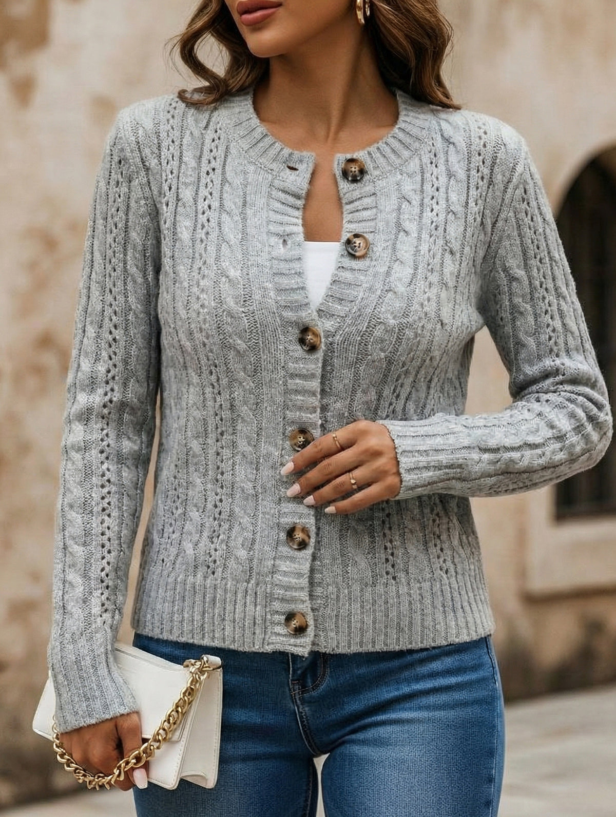Gentle cable knit openwork cardigan
