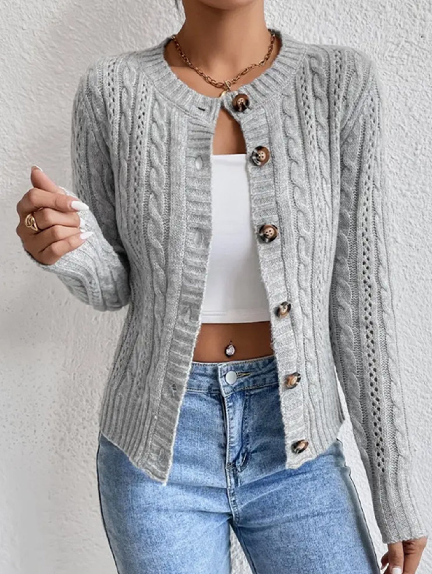 Gentle cable knit openwork cardigan