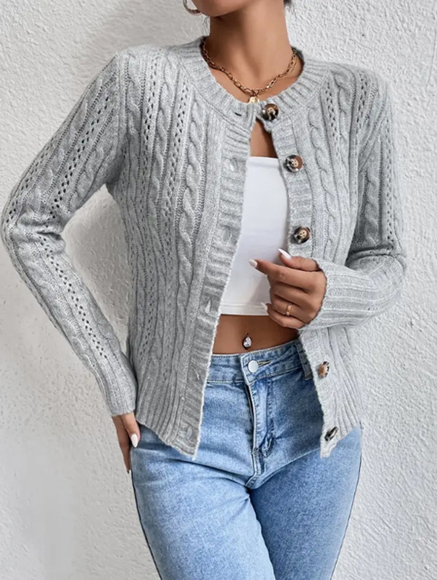 Gentle cable knit openwork cardigan