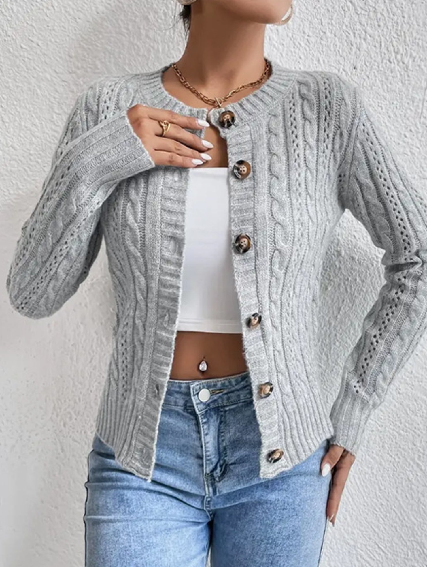 Gentle cable knit openwork cardigan