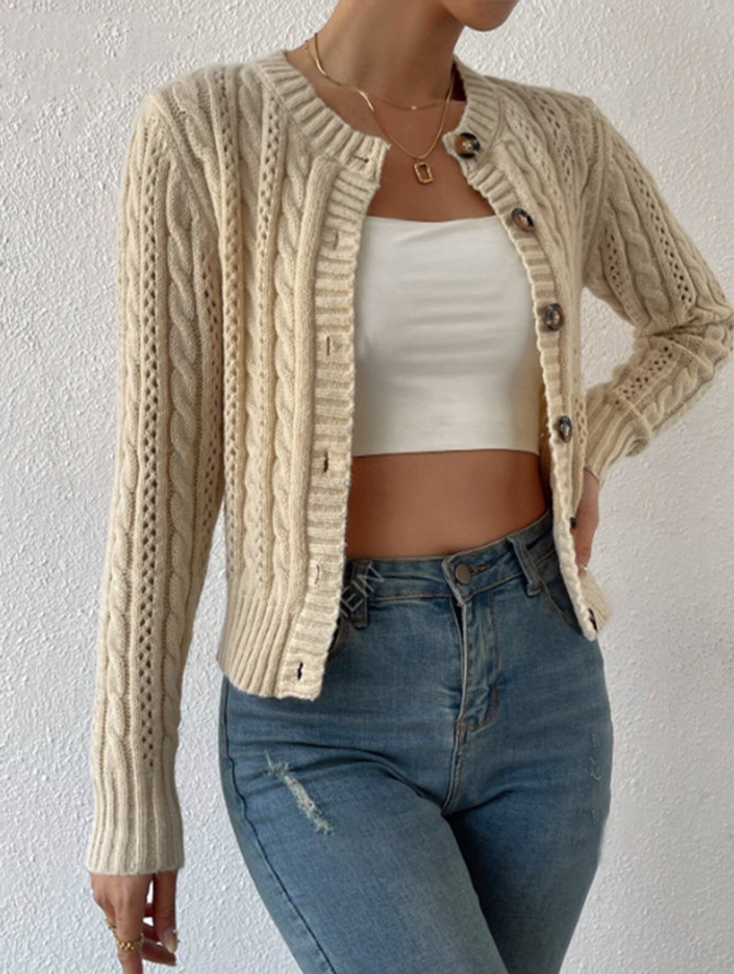 Gentle cable knit openwork cardigan
