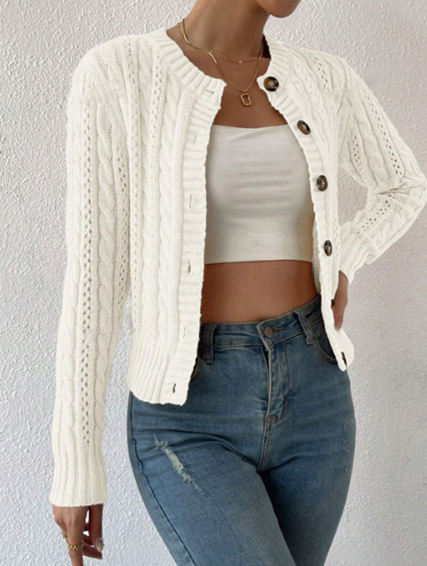Gentle cable knit openwork cardigan