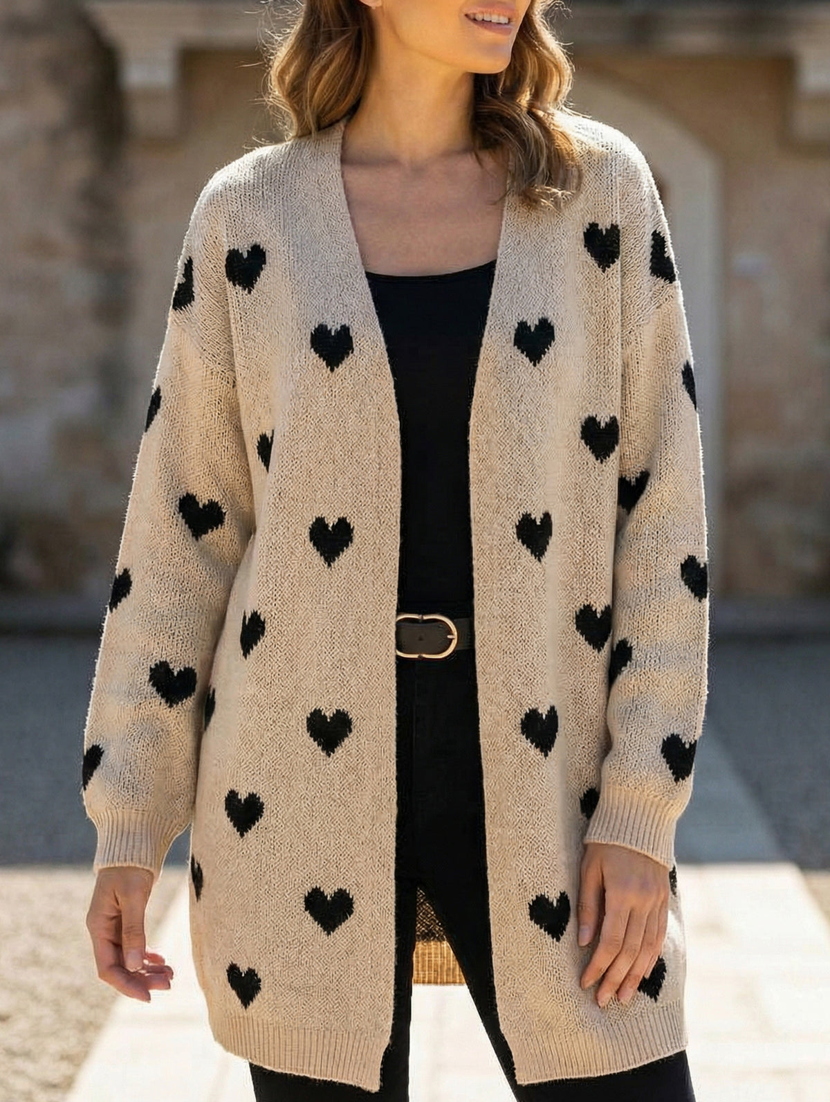 Versatile beige heart-patterned long cardigan