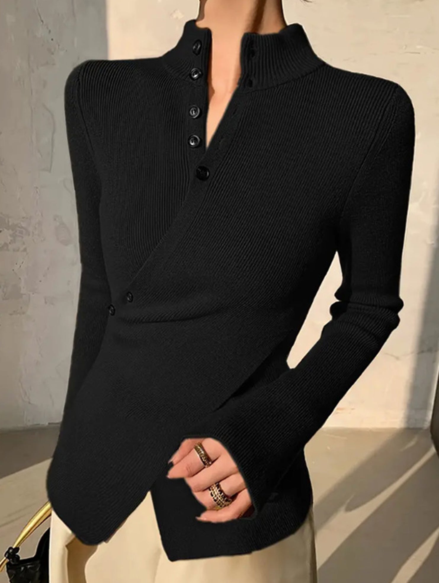 Asymmetric High Neck Knit Top Long Sleeve_CWOCAL01571