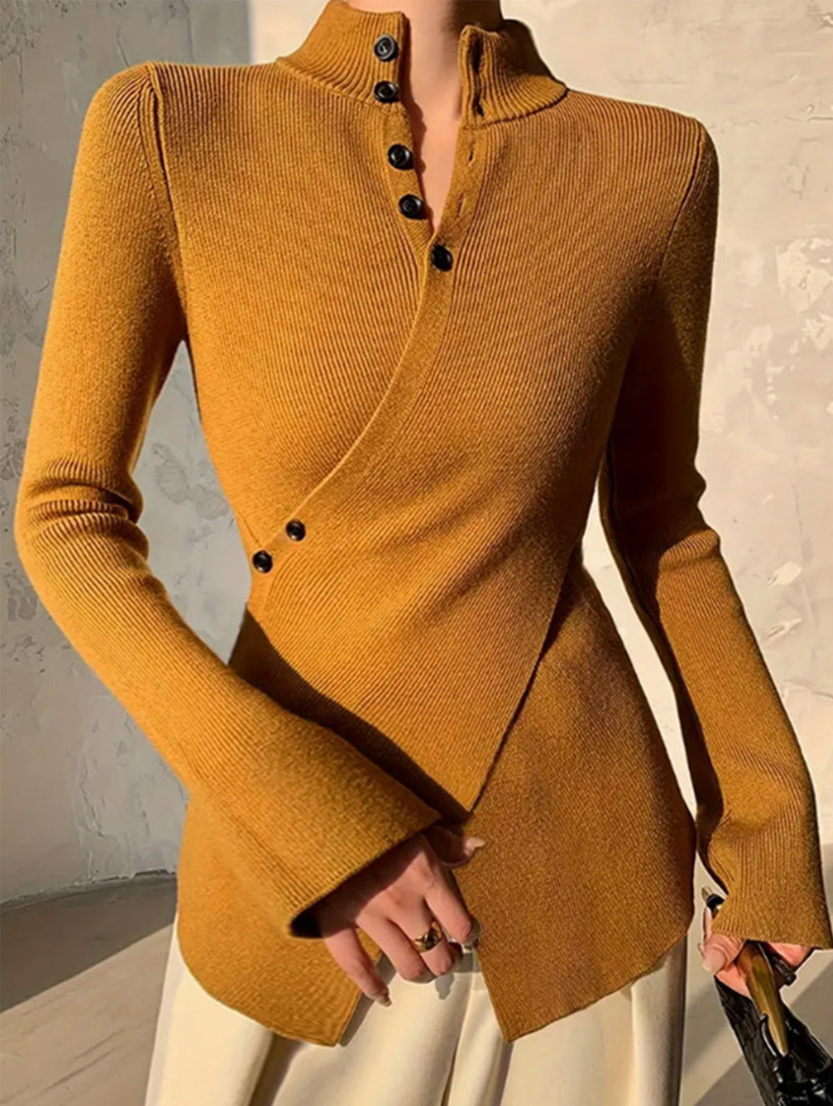 Asymmetric High Neck Knit Top Long Sleeve_CWOCAL01571