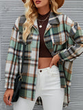 Long-sleeved cardigan collared loose plaid wool shirt