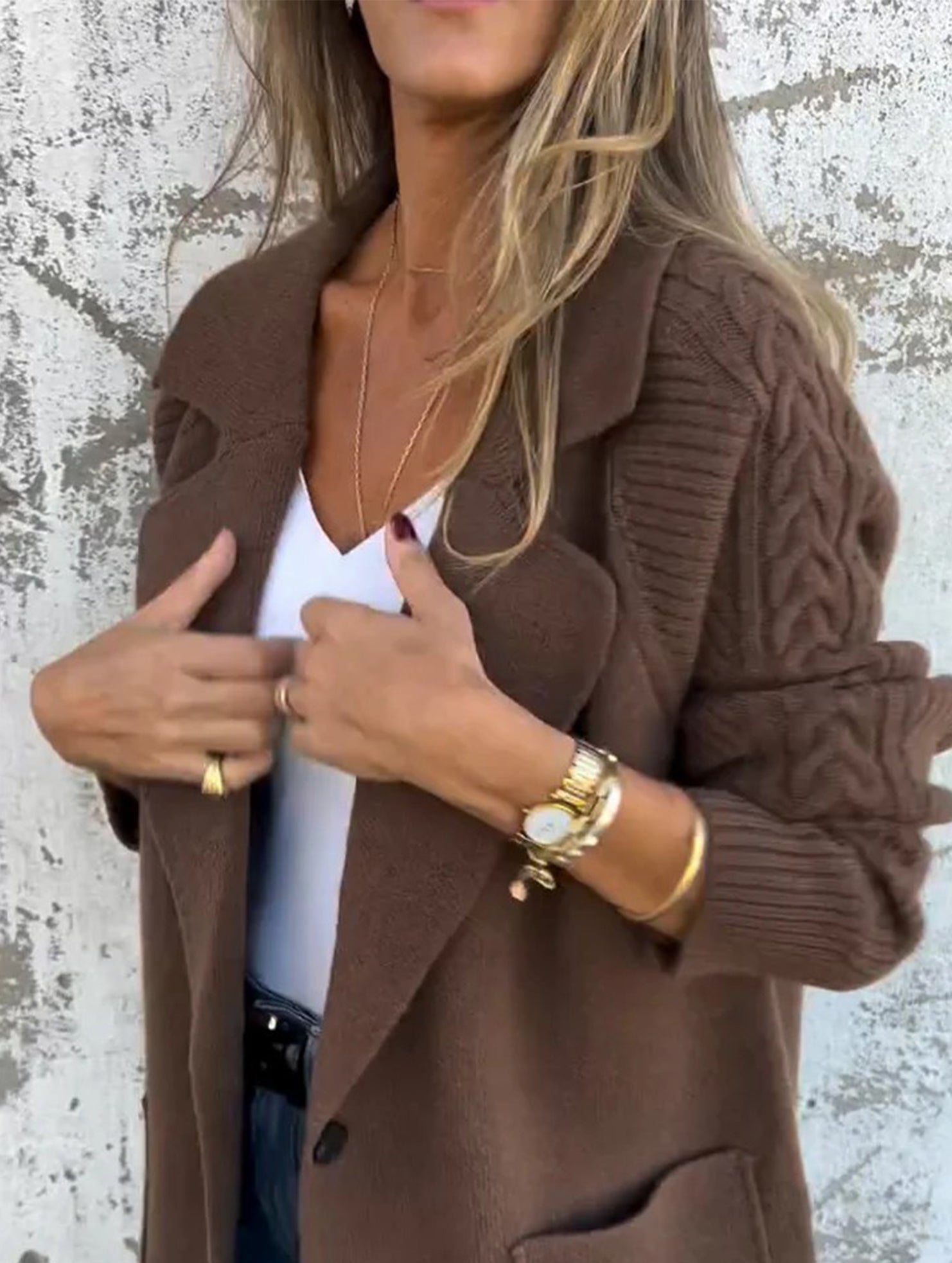 Knitted cable knit patchwork lapel long coat