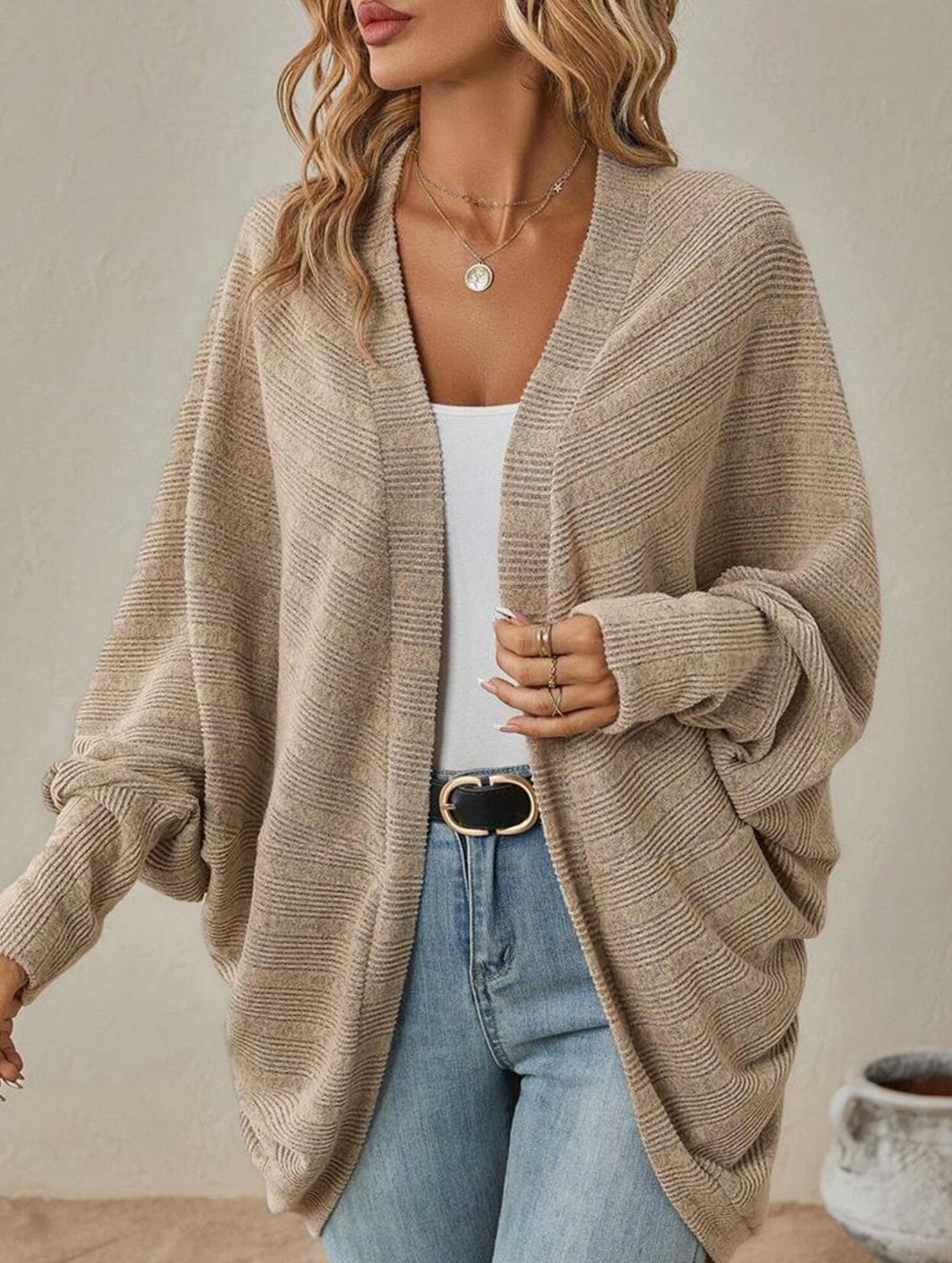 Solid color mid-length knitted cardigan