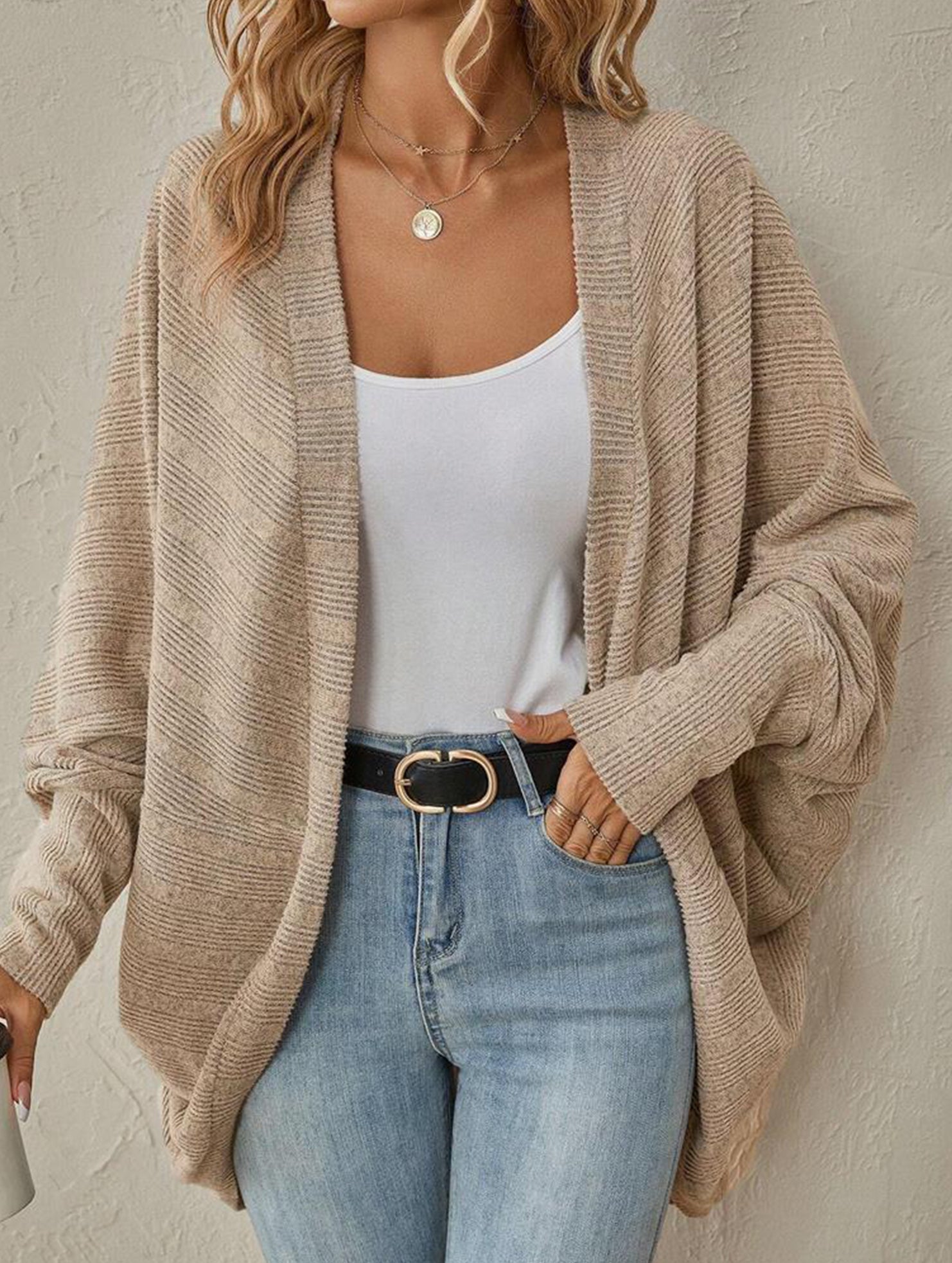 Solid color mid-length knitted cardigan