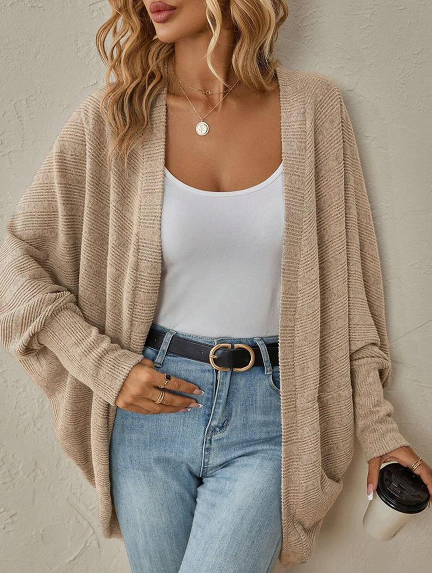 Solid color mid-length knitted cardigan